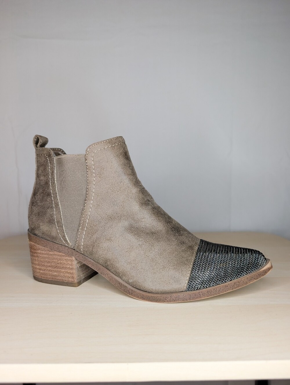 Report Taupe Suede Ankle Boot with Metallic Chain Mesh Black Toe